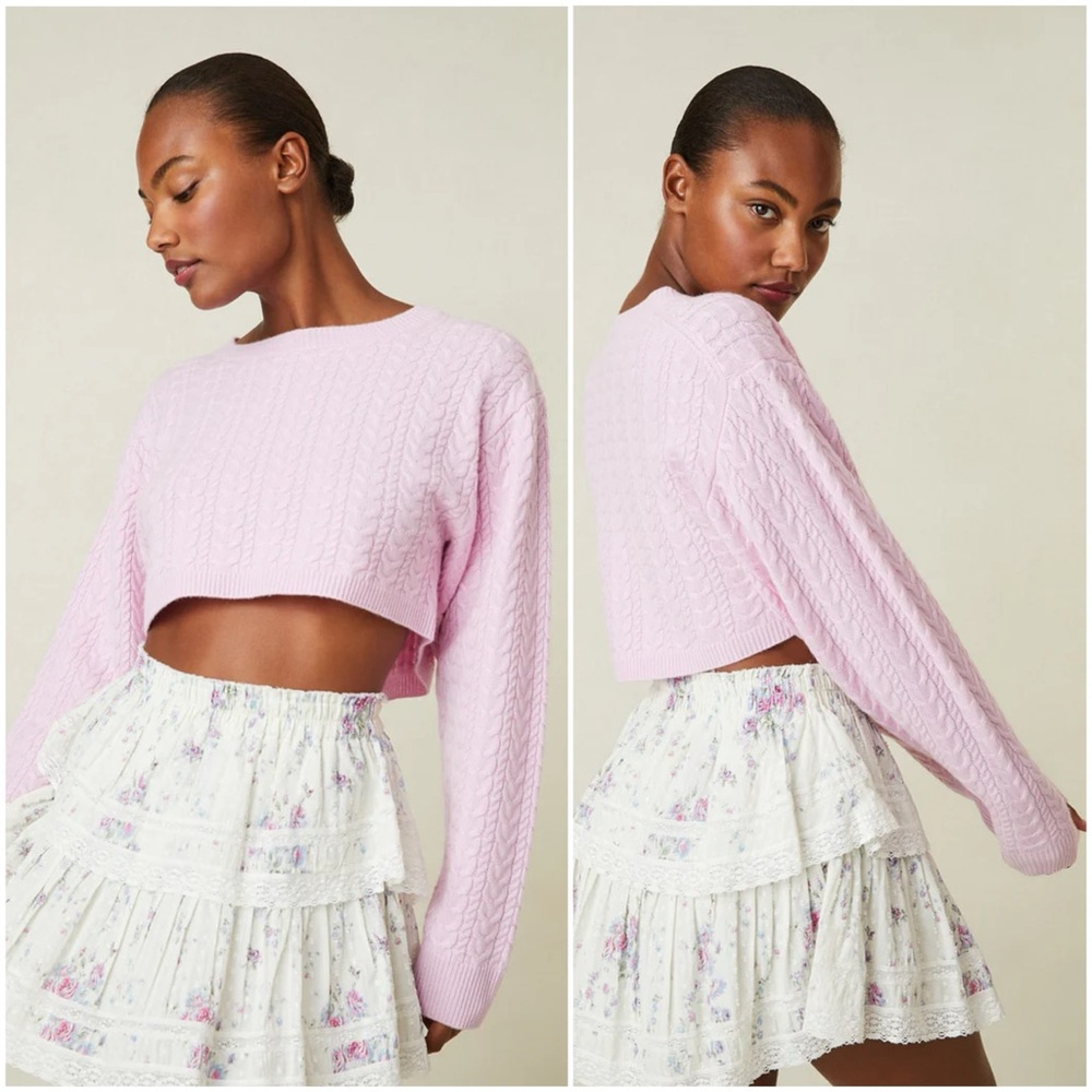 NEW! LoveShackFancy Pale Pink Calloway Wool/Cashmere Blend Crop Sweater